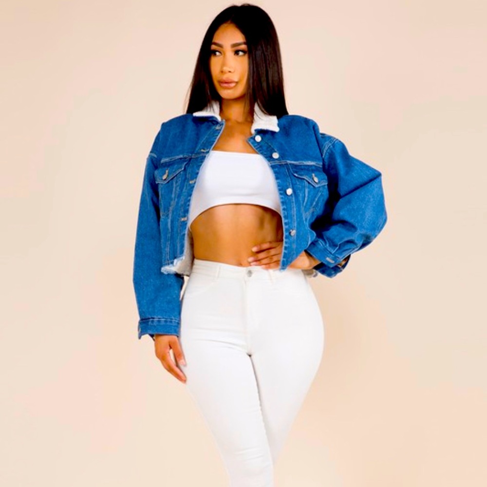 Shearing collar denim crop jacket